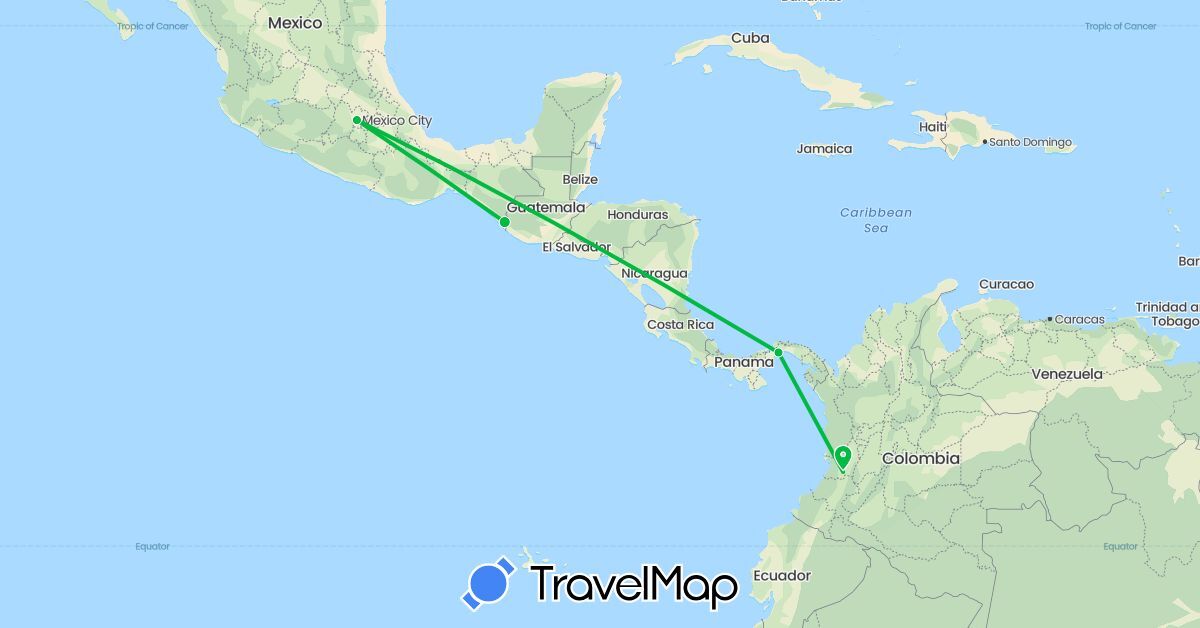 TravelMap itinerary: driving, bus in Colombia, Mexico, Panama (North America, South America)